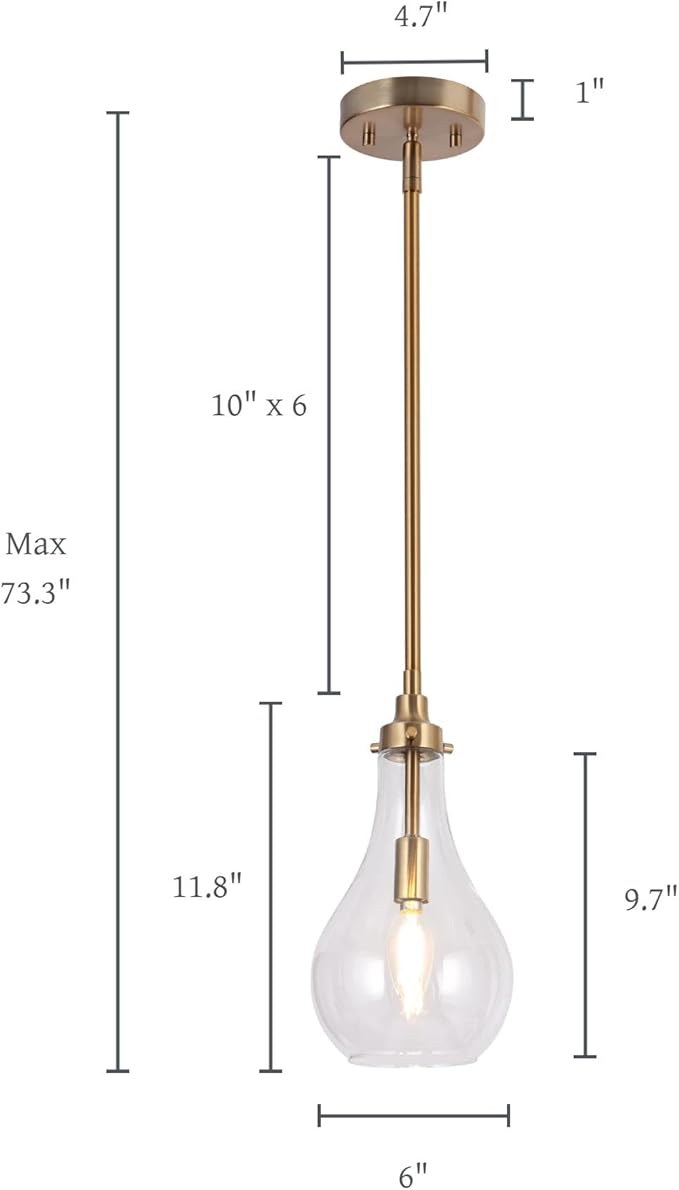 KSANA Gold Pendant Light, Modern Brass Hanging Light Fixture with Clear Glass Teardrop Shade, Adjustable Ceiling Light for Kitchen Island, Dining Room, Foyer, or Bedroom