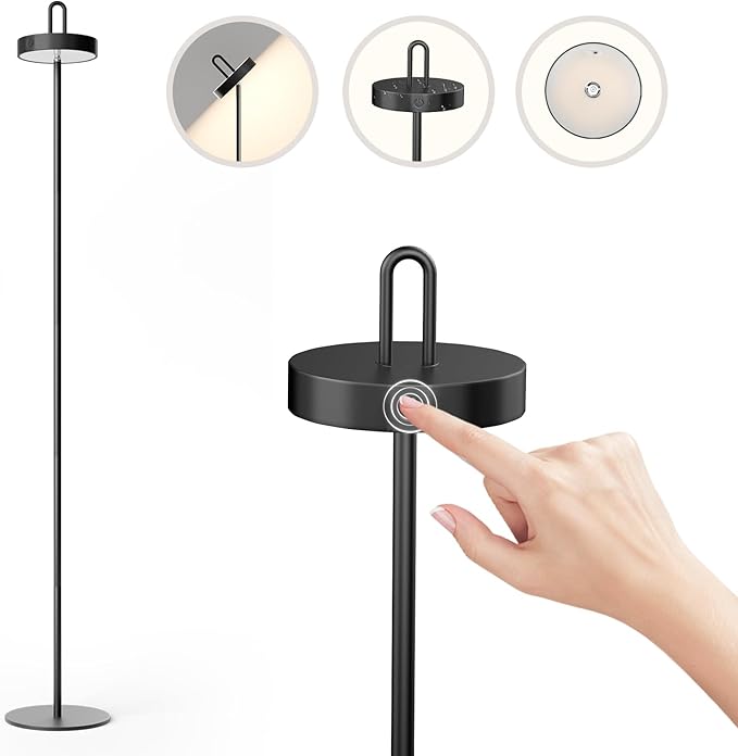 Cordless Floor Lamp for Outdoor/Indoor, Rechargeable Battery Operated LED Table Lamp, Touch Lamp with 3 Color Stepless Dimmable, Waterproof Wall Lamp with 5 Adjustable Heights