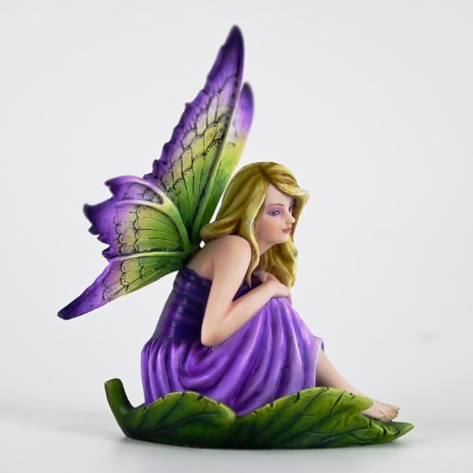 Fantasy Purple-Green Gradient Wings Fairy Figurine, Leaf Base Elf Statue, Hand-Painted Resin Decor for Mini Fairy Garden, Desk & Succulent Display