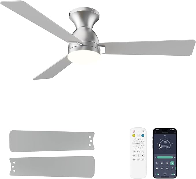 Ceiling Fans with Lights, 48 inch Low Profile Ceiling Fan with Light and Remote Control, Flush Mount, Reversible, 3CCT, Dimmable LED, Noiseless, Nickel Ceiling Fan for Bedroom, Dining Room