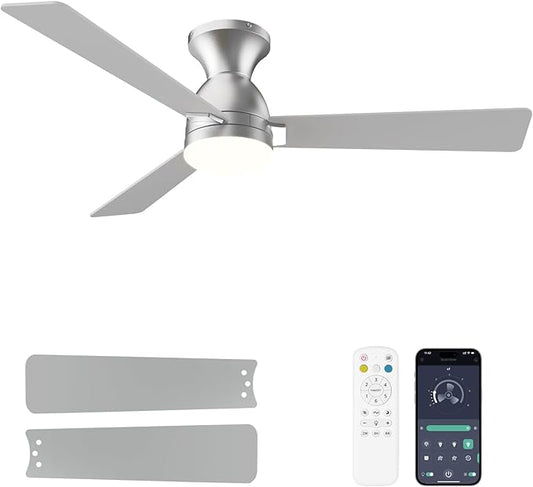 Ceiling Fans with Lights, 48 inch Low Profile Ceiling Fan with Light and Remote Control, Flush Mount, Reversible, 3CCT, Dimmable LED, Noiseless, Nickel Ceiling Fan for Bedroom, Dining Room