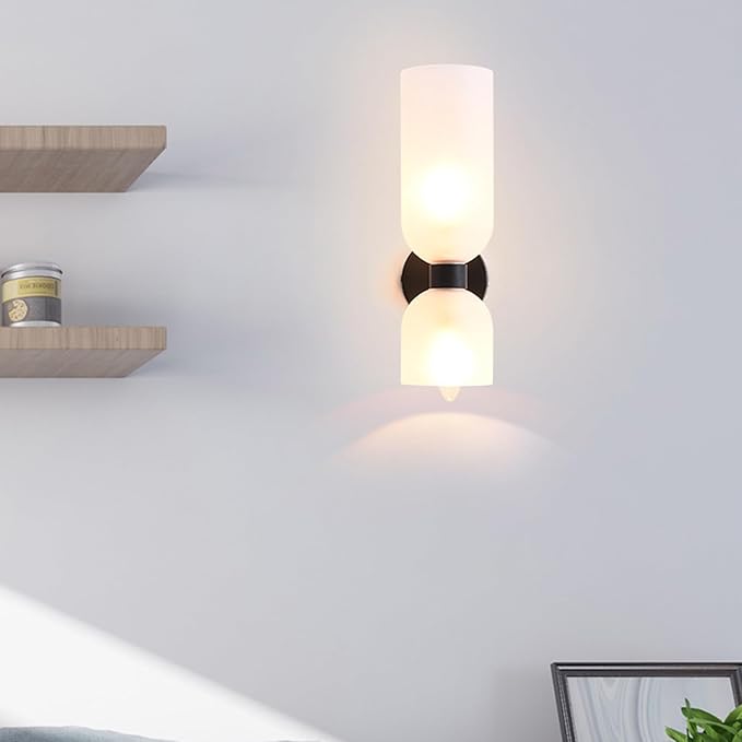 Modern Wall Light Black Wall Sconces Set of Two 2-Light Modern Wall Light Matt Black lamp Body Bathroom Vanity Milky White Glass Light Shade for Bathroom Living Room (Black)