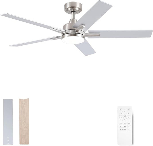 Ceiling Fans with Lights, 52 inch Nickel Ceiling Fan with Light and Remote Control, Reversible, 3CCT, Dimmable, Noiseless, Small Ceiling Fan for Bedroom, Indoor/Outdoor Use