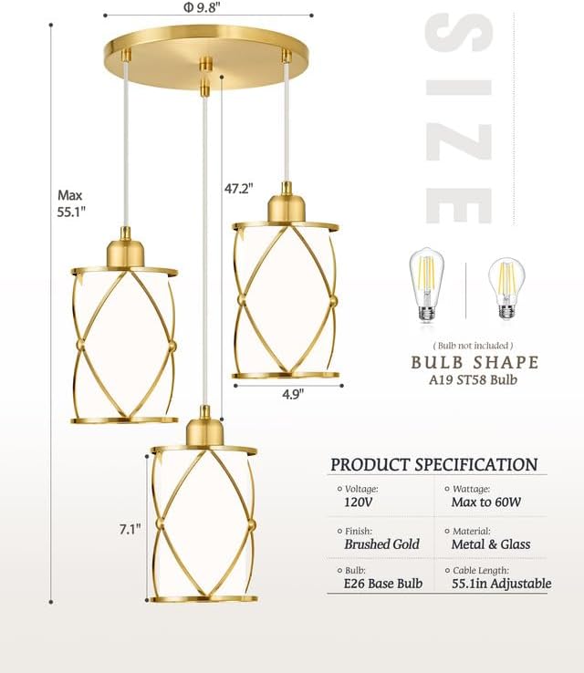 Brushed Gold Pendant Light Fixtures, 3-Light Dining Room Chandeliers with Frosted Glass, Modern Cluster Hanging Pendant Lighting for Kitchen Island Sink Bedroom, CH9176BGW3