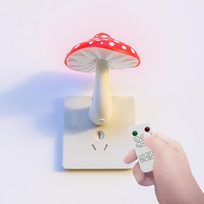 Colorful Life Remote Control Mushroom Night Light – Three‑Color Warm LED Bedside Lamp, Cute Mushroom Design with Dimmer & Timer (Warm Red/Green/Yellow)