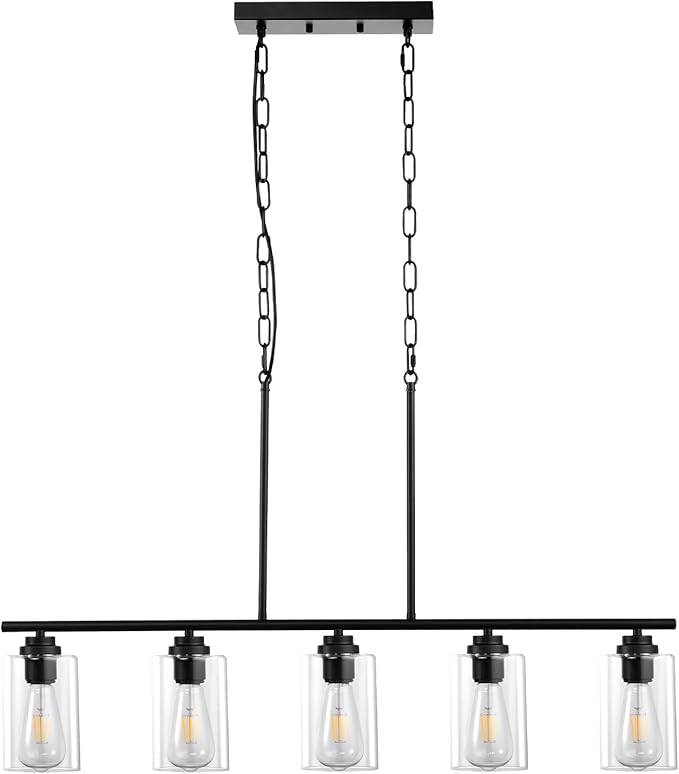 VEVOR 5-Light Kitchen Island Pendant Lights, 60W, Adjustable Dining Room Light Fixture with Clear Glass Lampshade 4 Rods 2 Metal Chains, Metal Frame Farmhouse Linear Chandeliers for Dining Room, E26