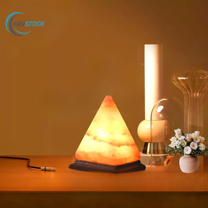 Himalayan Salt Lamp, Natural Pyramid Salt Rock Lamp with Handcrafted Wooden Base & Night Light, Soothing Amber Glow, for Home, Office, Yoga Decor, 6 x 4.5 Inches