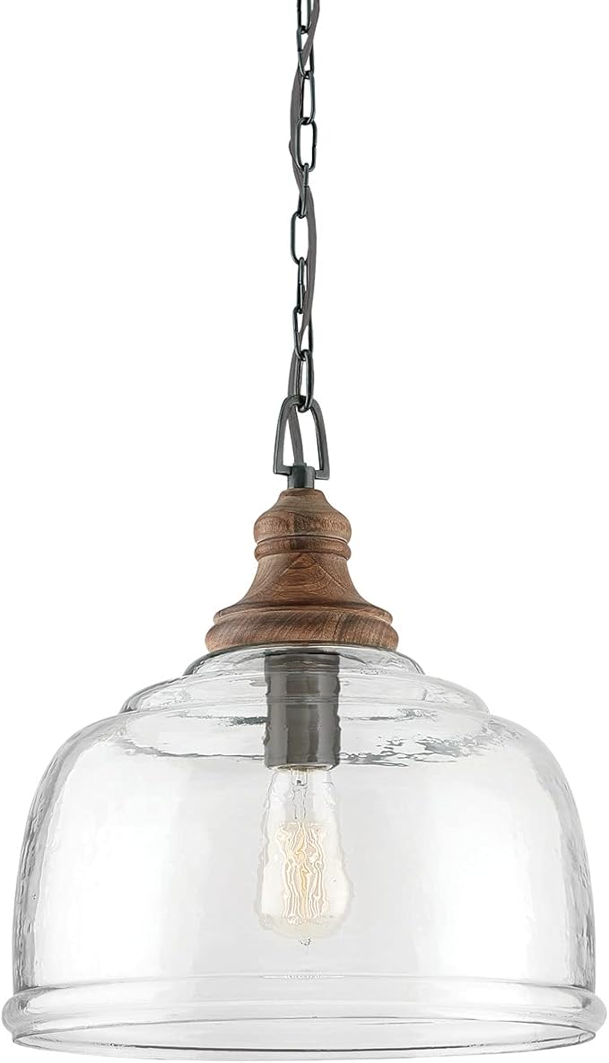 Capital Lighting 330318YG Julian Coastal Style Clear Organic Rippled Glass Dome Pendant, 1-Light 100 Watt, 16" H x 14" W, Grey Wash/Iron Silk
