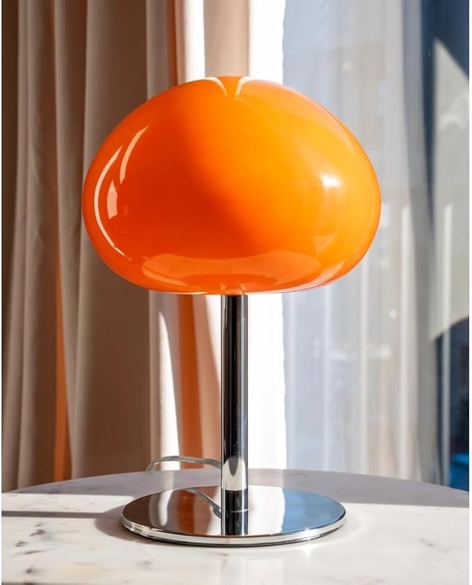 Mid Century Table Lamp, Orange Glass Mushroom Lamp, Dimmable Retro Accent Lamp, 13.5" Sculptural Vintage Style Lighting for Bedside, Shelf, Console, Warm Nostalgic Glow