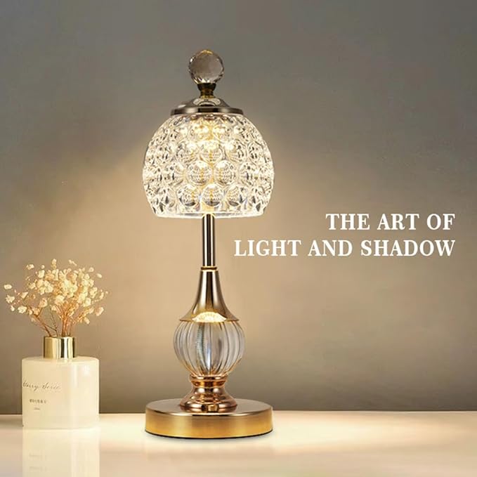 Portable Crystal Metal Desk Lamp,3-Color Touch Control, Rechargeable Battery - Ideal Bedside Lamp for Bedroom Nightstand (Gold)