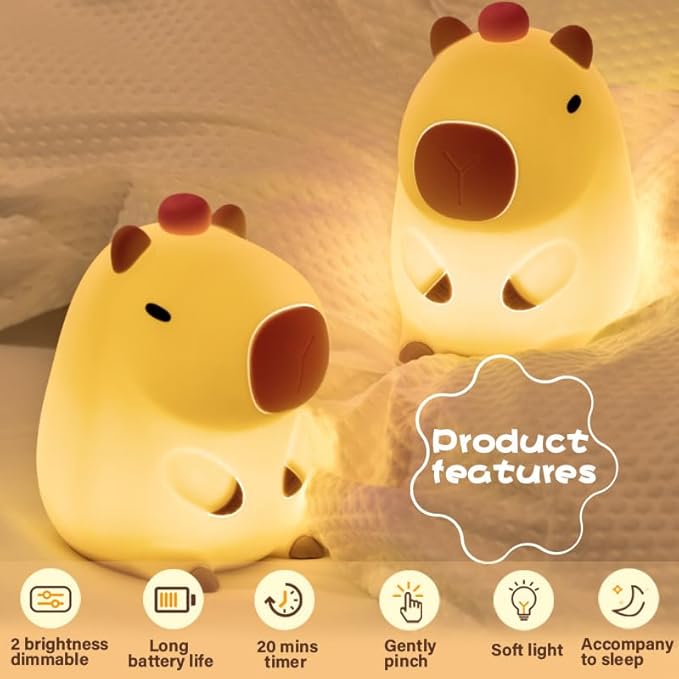 Led Cute Capybara Night Light, Dimmable Nursery Kawaii Lamps, Super Squishy Silicone USB Rechargeable Touch Control Night Lamp for Kids Adults, Used for Camping Party Room Decor (Capybara)…