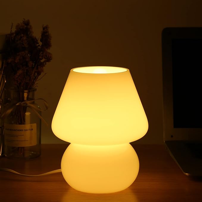 Mushroom lamp,Glass Mushroom Bedside Table Lamp Translucent Murano Vintage Style Striped Small Nightstand Desklamp Swirl Light for Home Decor, Dining, Living, Bedroom, Gift (Matte White)