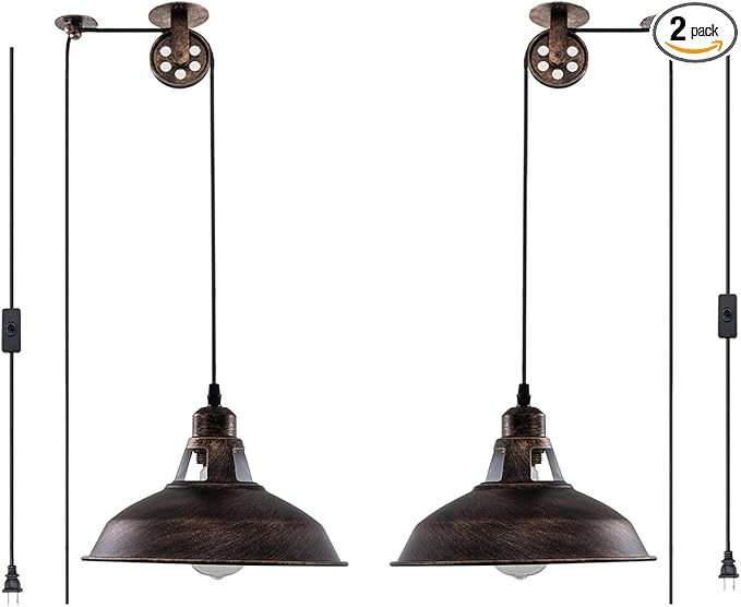 Plug in Pendant Light Industrial Pulley Pendant Lamp E26 Vintage Hanging Light Fixture With 16.4ft Cord On/Off Switch For Pool Table,Houseplant Grow lights,Kitchen Island,Sink 2 Pack Aged Bronze