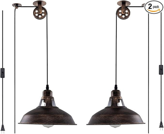 Plug in Pendant Light Industrial Pulley Pendant Lamp E26 Vintage Hanging Light Fixture With 16.4ft Cord On/Off Switch For Pool Table,Houseplant Grow lights,Kitchen Island,Sink 2 Pack Aged Bronze