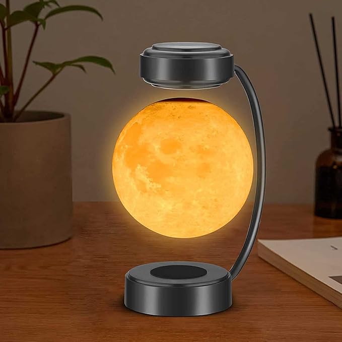 Levitating Moon Lamp Floating LED Night Lights with Luxury Iron Bracket 3D Printed Moon Light, 3 Colors Modes for Home Office Room Decor,Black