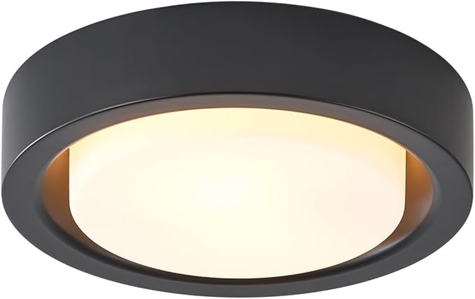 13 Inch Flush Mount Ceiling Light,Black Finish Plate with Frosted Glass Shade,Round Ceiling Lighting Fixture for Hallway Bedroom Closet Livingroom Kitchen Stairwell (Black)