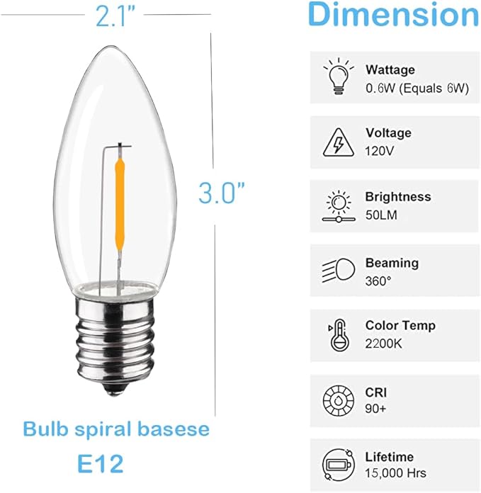 C9 Christmas Replacement LED Light Bulbs, E17 Chandelier Base LED Night Bulbs, 4W 5W 6W 7W Incandescent Equivalent, Warm White 2200K, Clear Plastic Bulbs for Christmas String Light - 25 Pack