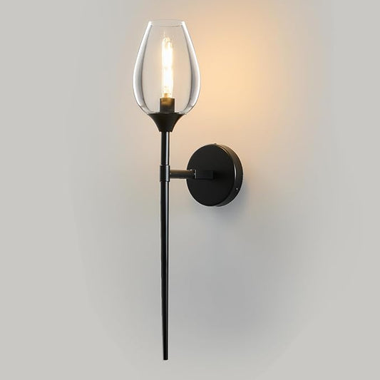 Black Glass Wall Sconce Light: Modern Decorative Sconces Lights Over Mirror - Vintage Brushed Brass Bathroom Vanity Lighting with Flower Shade - Indoor Glass Wall Mount Lamp for Bedroom Living Room