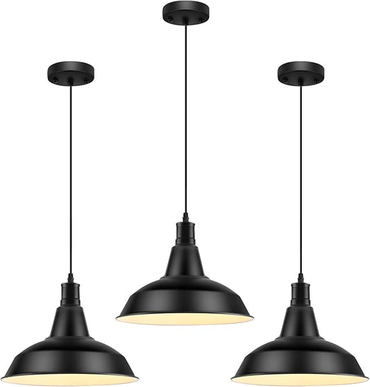 Pendant Light Fixtures, 3Pcs Farmhouse Kitchen Island Lights Fixture, Industrial Hanging Pendant Lighting for Dining Room Bedroom, Black Metal Pendant Lamp, E26 Base, 12.2in