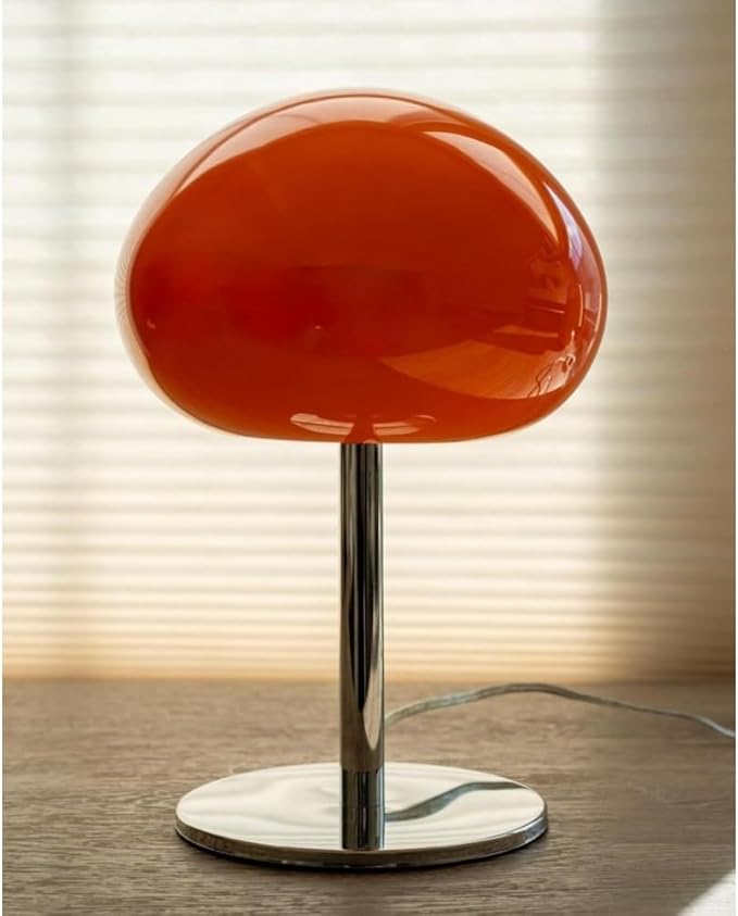 Mid Century Table Lamp, Orange Glass Mushroom Lamp, Dimmable Retro Accent Lamp, 13.5" Sculptural Vintage Style Lighting for Bedside, Shelf, Console, Warm Nostalgic Glow