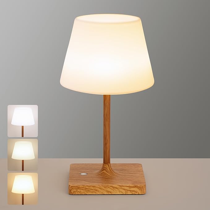 Cordless Table Lamp Waterproof,4000mAh Battery Rechargeable Desk Lamp for Indoor & Outdoor Use,3 Color-temps & Dimmable LED Night Light for Shower Bedroom Restaurant Bathroom Home 10.8"H- Wood Grain