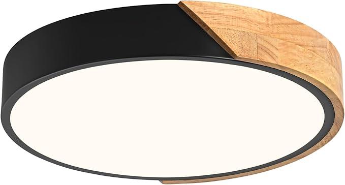 Modern Dimmable Black Flush Mount Ceiling Light Wood Close to Ceiling Lights for Bedroom Round Ceiling Lamp Lighting Fixture for Hallway Kitchen Laundry Room(11.8in)