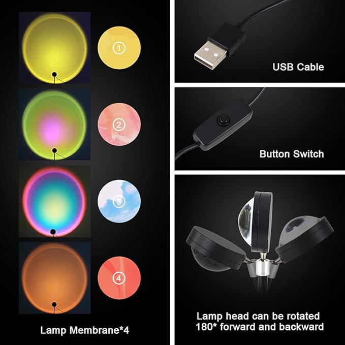 Sunset Lamp, Projector Rainbow Light 360 Degree Rotation Sunset Projector Lamps, Projection Night Light for Selfie/Photography/Home/Bedroom Decor/Living Room, USB Night Light (6 Colors) 1