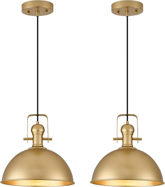12 Inch Gold Farmhouse Pendant Lights Matte Pendant Lights for Kitchen Island Industrial Adjustable Height Vintage Dome Hanging Light Fixtures for Barn, Dining Room 2 Packs
