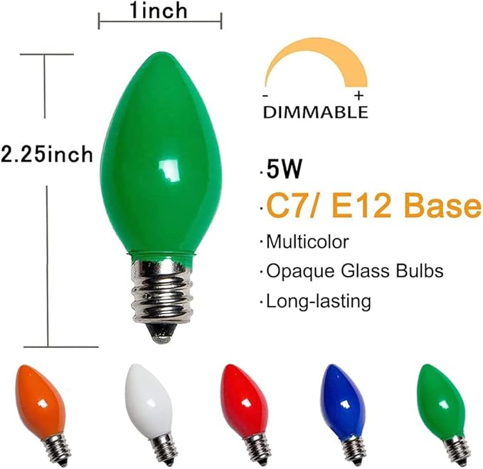 25 Pack C7 Christmas Replacement Bulbs Vintage Multicolor Christmas Bulbs, Colored Night Light Bulb, Ceramic Light Bulbs 5 Watt E12 Candelabra Base Vintage Bulb Xmas Tree Decorative