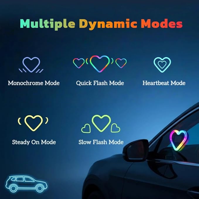 Car LED Ambient Lighting - 7 Colors 8 Modes RGB Solar Powered&USB Charging Heart-Shaped Neon Light for Window IP65 Waterproof Car Interior Light Decoration(1Pcs)
