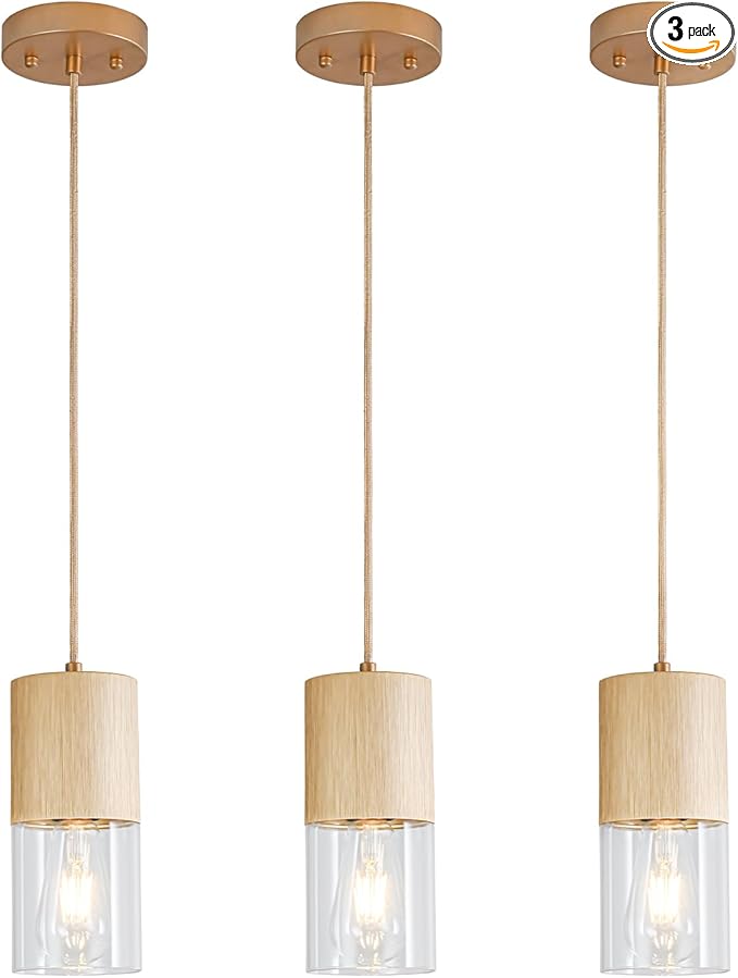 3-Pack Gold Pendant Light Fixtures, Adjustable Modern Pendant Lights for Kitchen Island, Industrial Clear Glass Pendant Lights for Dining Table Hallway Bedroom Living Room