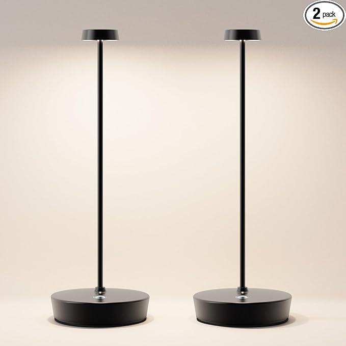 2Pack Cordless LED Table Lamp，Rechargeable Battery Operated Table Light, 3 Color Stepless Dimmable Table Lamp, Portable Table Light for Outdoor/Restaurants/Patio
