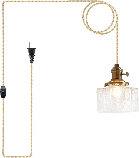 Plug in Pendant Light, Clear Cube Glass Shade Hanging Lamp, Industrial Pendant Light for Basement, Dinning Room and Bedroom Minimalism Glass Pendant Lights Kitchen Island