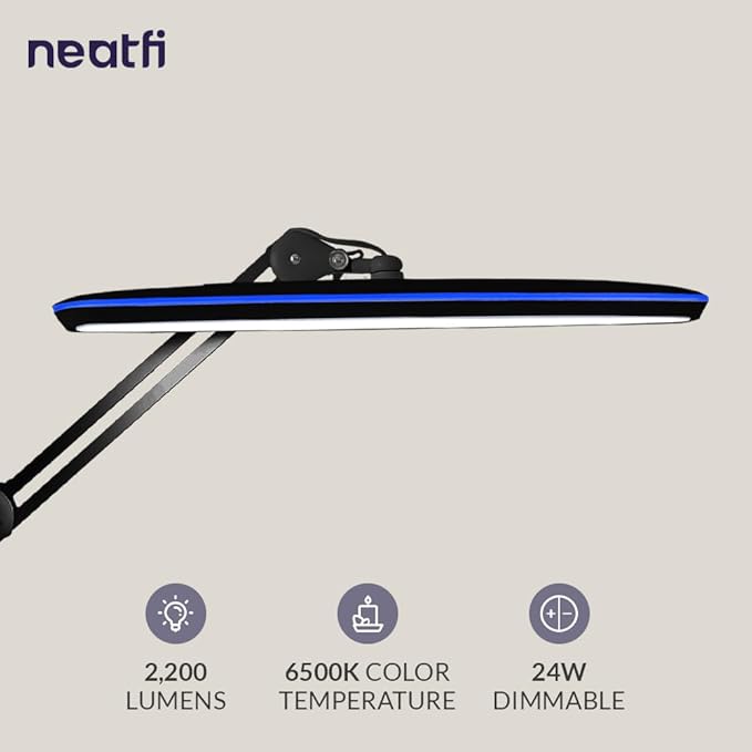Neatfi XL LED Desk Lamp with Clamp – 2,200 Lumens, 23” Wide, Dimmable Task Light for Office, Study, Crafting & Nail Techs (Non-CCT with Clamp, Black)