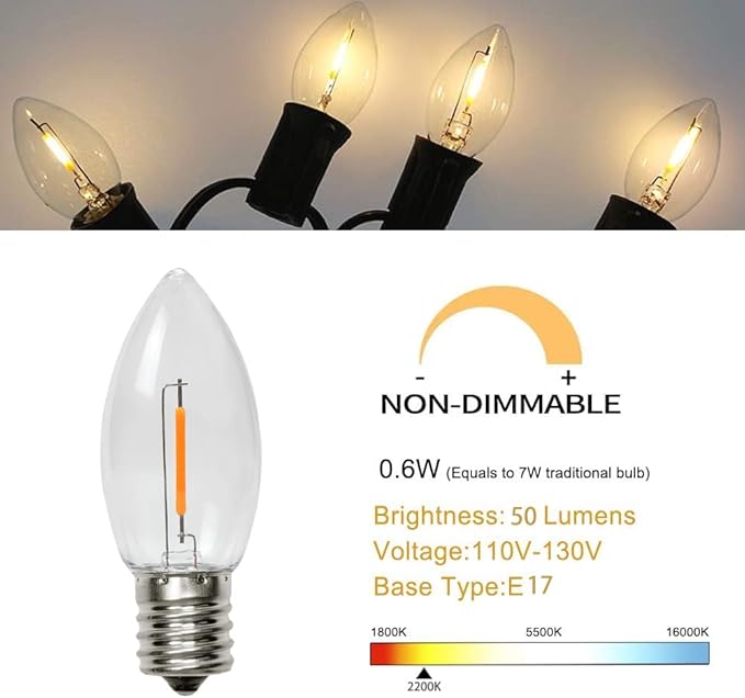 KGC C9 LED Replacement Christmas Lights Bulbs-0.6W Equivalent to 7W, Warm White 2200K, No Glass Shatterproof & Waterproof Plastic Bulbs, E17 Screw for Indoor Outdoor Patio String Lights 100 Pack