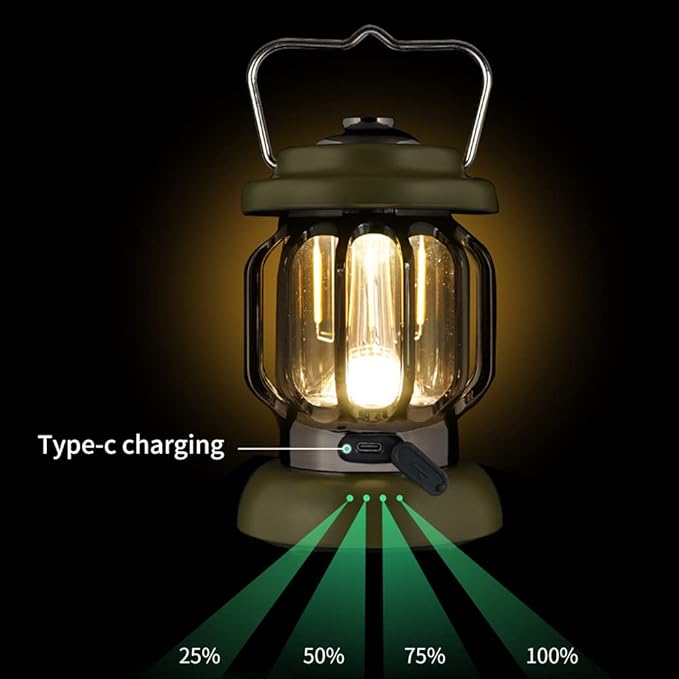 Outdoor Retro USB Rechargeable Camping Lantern Camping Tent Light LED Portable Lantern Garden Light Camping Atmosphere Decorative Chandelier (Green)