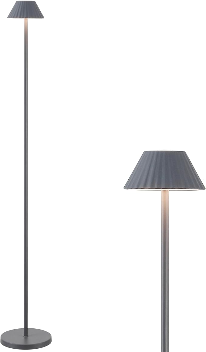 JONATHAN Y 44" Gray Modern Rechargeable Cordless LED Floor Lamp for Patio, Dimmable Minimalist Indoor Outdoor Standing Light, Pleated Iron Shade, Touch Sensor (JYL7168C)