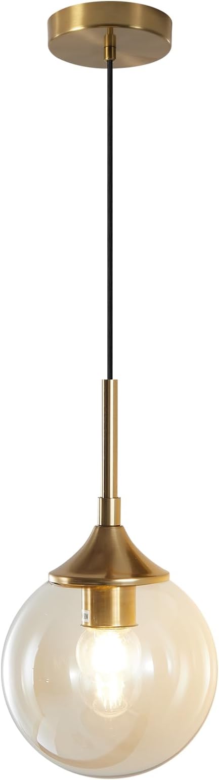 KCO Lighting Mid Century Modern Pendant Chandelier Amber Glass Hanging Lamp Gold Globe Pendant Lights Kitchen Island Brushed Brass Pendant Light Large Kitchen Pendant Lighting Over Island