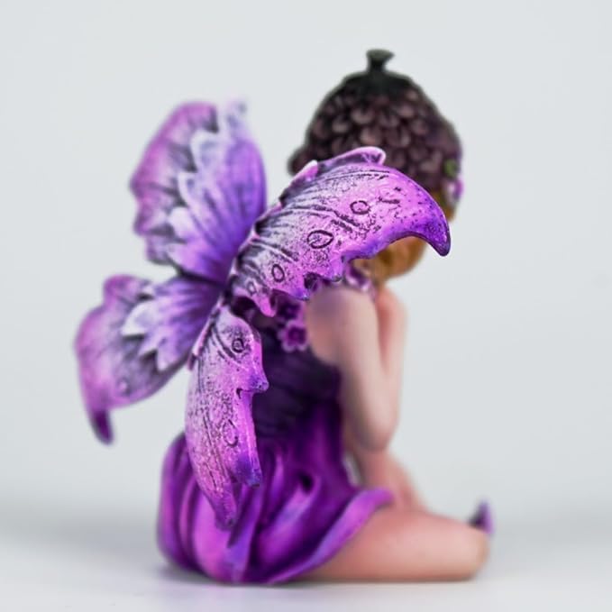 Fantasy Pinecone Hat Purple Flower Fairy Figurine, 8cm Purple Wings Elf Statue, Hand-Painted Resin Decor for Mini Fairy Garden, Desk & Plant Pot