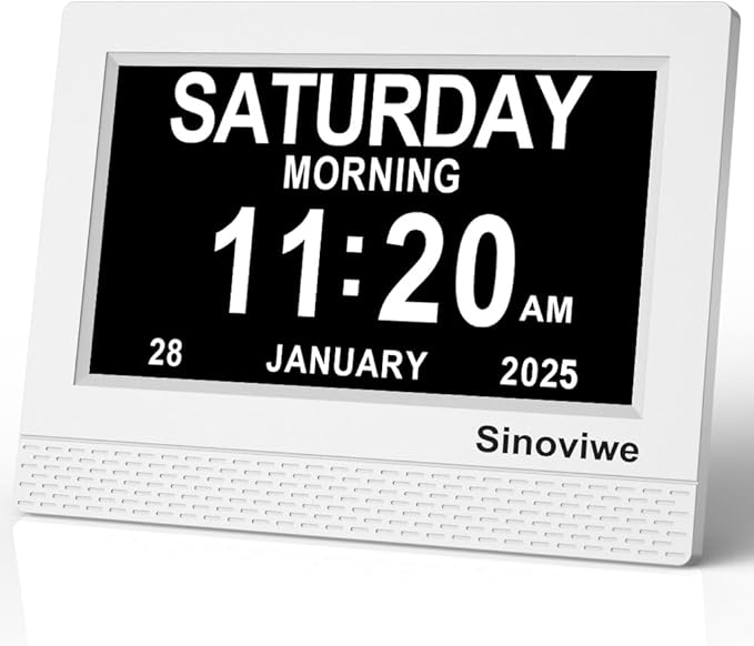 Digital Alarm Clock 7" HD Large Screen Digital Calendar with Auto-Dimming, Clear Day/Date Display for Alzheimer's Dementia Seniors & Low Vision with Remote Control and Custom Reminder Function(White)