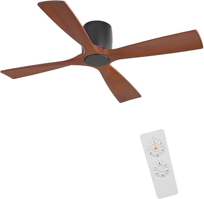 WINGBO Ceiling Fan no Light - 48 inch Solid Wood Flush Mount Ceiling Fan with Remote,4 Reversible Blades, 6-Speed Noiseless Powerful DC Motor, ETL Listed,Matte Black+Walnut
