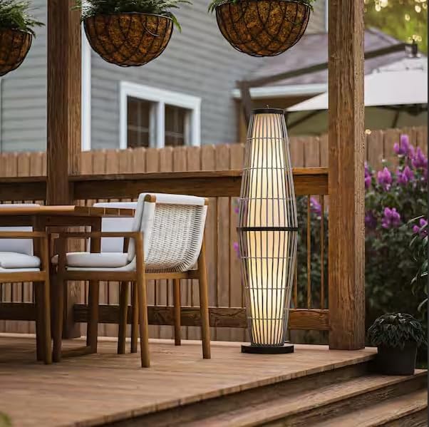 Indoor Outdoor Garden Patio Porch Rattan Simulation Gray Floor Lamp 51" Weather Resistant Bohemian Style TropicalBeach Appearance