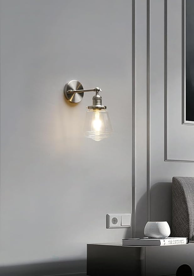 Phansthy Wall Sconces Light Fixture Industrial Wall Lamp, 180 Degree Adjustable Bathroom Vanity Light, Wall Light with Glass Shade Wall Decorative Lighting for Kitchen Living Room Hallway (Brushed)