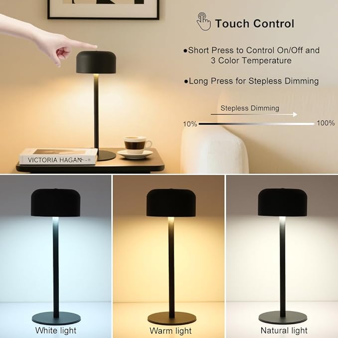 2 Pack Rechargeable Cordless Table Lamp, Portable 6000mAh Battery Table Light, 3 Color Stepless Dimming LED Table Lights with Memory Function, for Outdoor/Restaurant/Bedside/Patio(Black)
