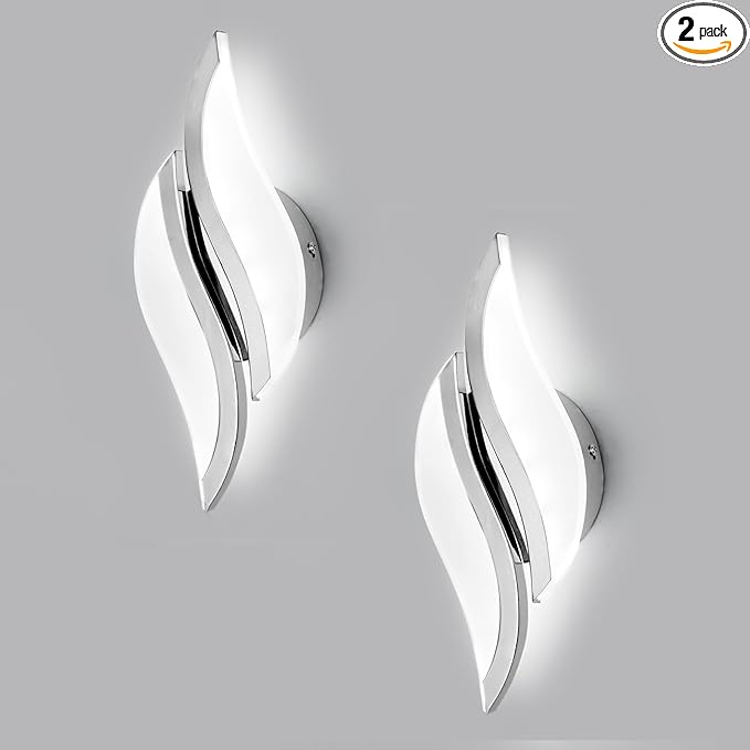 Modern LED Wall Sconce Set of Two, 6000K Black Indoor Wall Light Fixtures Acrylic Wall Sconce Lighting for Living Room Bedroom Bedside Bathroom Hallway Stairway Wall Lamp (Chrome)