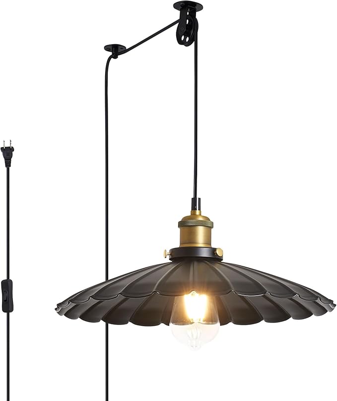 Hanging Plug in Light Rustic Black 13.8 Inch Lampshade with 13.2ft Cord Bar Counter Hanging Light Fixture with Plug in Cord On/Off Switch Hanging Lamp Plug in with Light Bulb