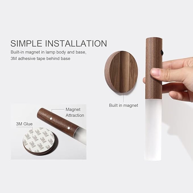 Wall Sconces, Smart Portable Sensor Night Light Wood USB Rechargeable Magnetic Night Light for Bedroom, Hallway, Stairway Wall Induction lamp (Walnut Wood 2PCS)