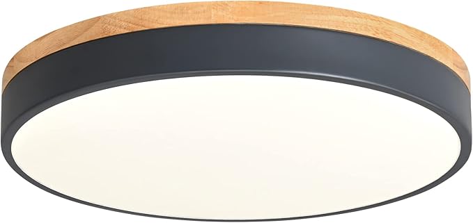 Dimmable Wood LED Flush Mount Ceiling Light, 5CCT 2700K-6000K Selectable Modern Round Close to Ceiling Lighting Fixtures, Minimalist Grey Ceiling Lamp for Living Room, Bedroom, Laundry Room