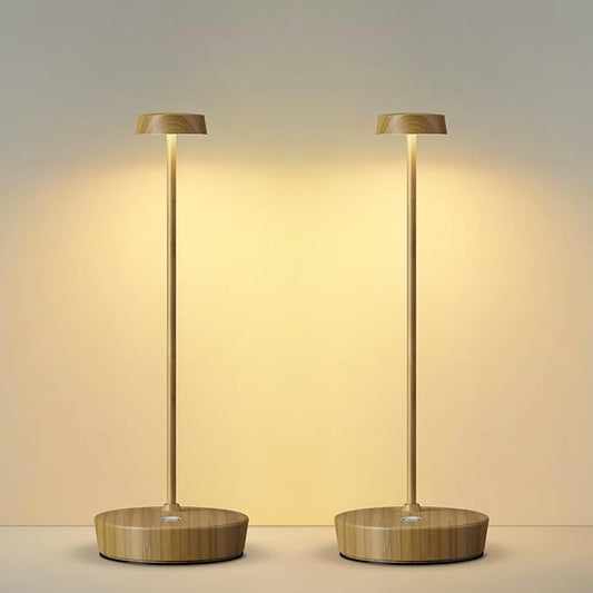 Cordless LED Table Lamp，Rechargeable Battery Desk Lamps, 3 Color Stepless Dimmable Metal Battery Table Lamps, Portable Waterproof Table Light for Indoor/Outdoor/Restaurant (2Pack Wood Grain)