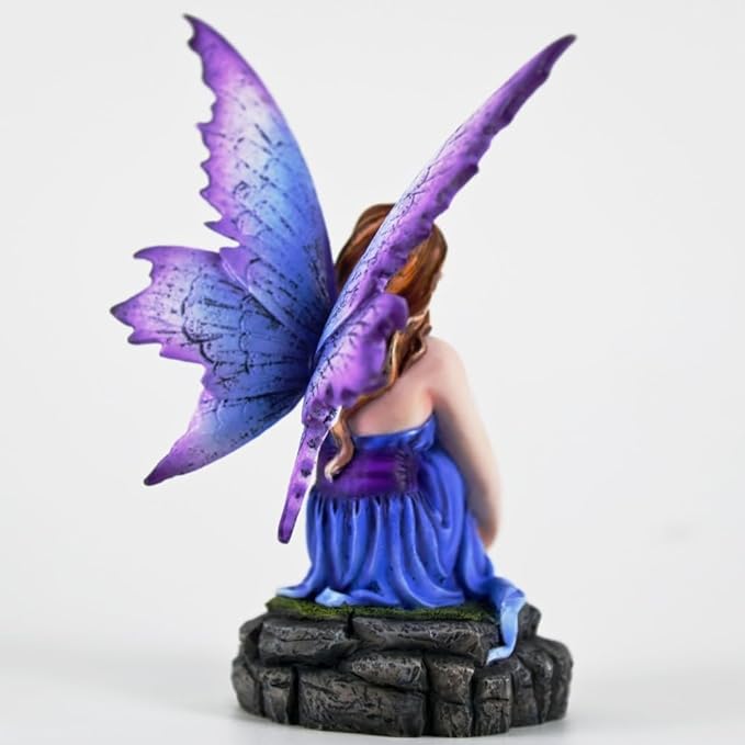 Fantasy Blue-Purple Fairy Figurine, 6.1 Inch Gradient Wings Elf Statue, Hand-Painted Resin Decor with Rock Base for Indoor, Garden, Desk